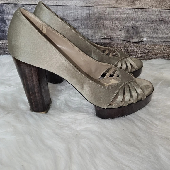 Stella McCartney Shoes - Stella McCartney Taupe Silk Wooden Heel Platform Pumps EU 38